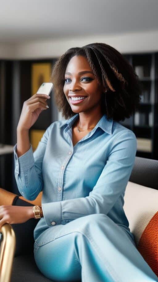 0-7396Dcb0-D2Bb-4Bdf-92Bf-A6D94416Cda9-512X912 A happy realtor sitting on a modern sofa while holding a phone, showcasing professional brand photography by accuphotography in dallas, texas.