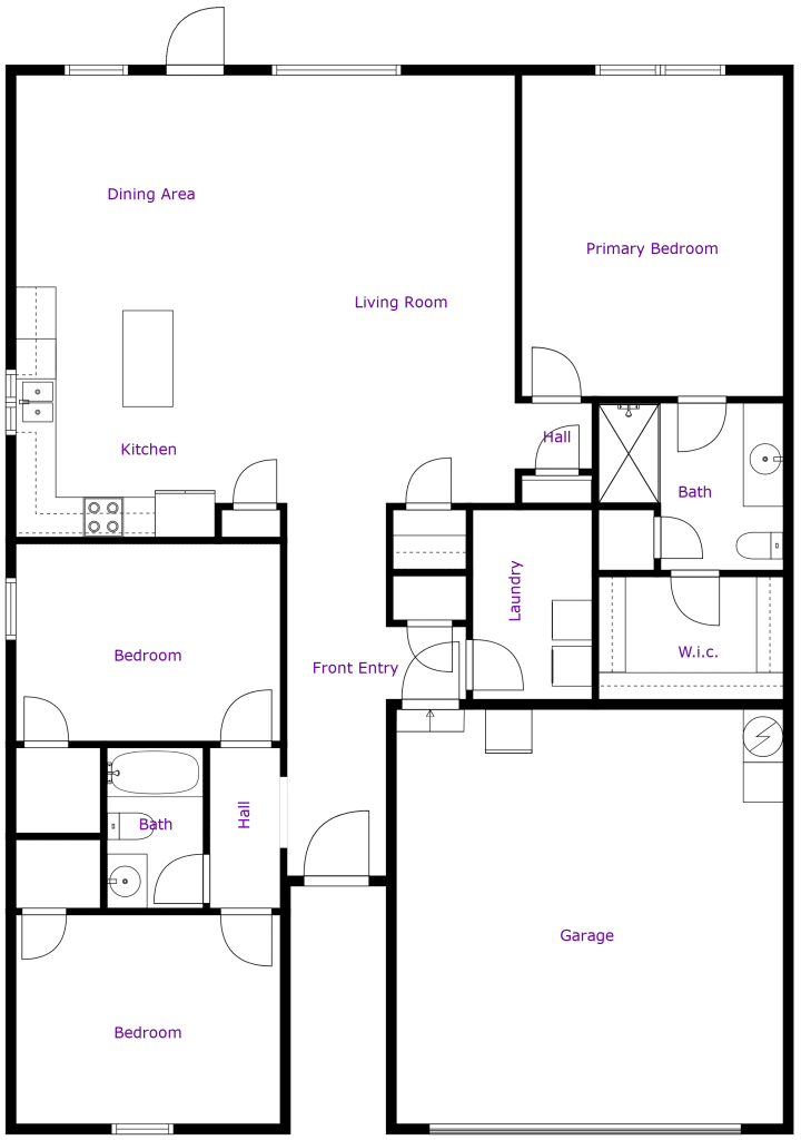 Floor plans of single-family home with 3 bedrooms, two bathrooms, and attached garage for two cars.