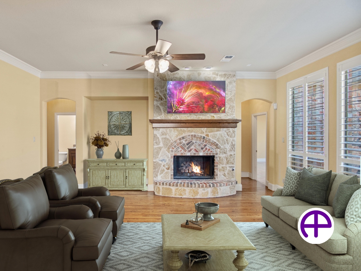 Virtually staged family room image enhanced by accuhdr™ and accuvirtualstaging™ services