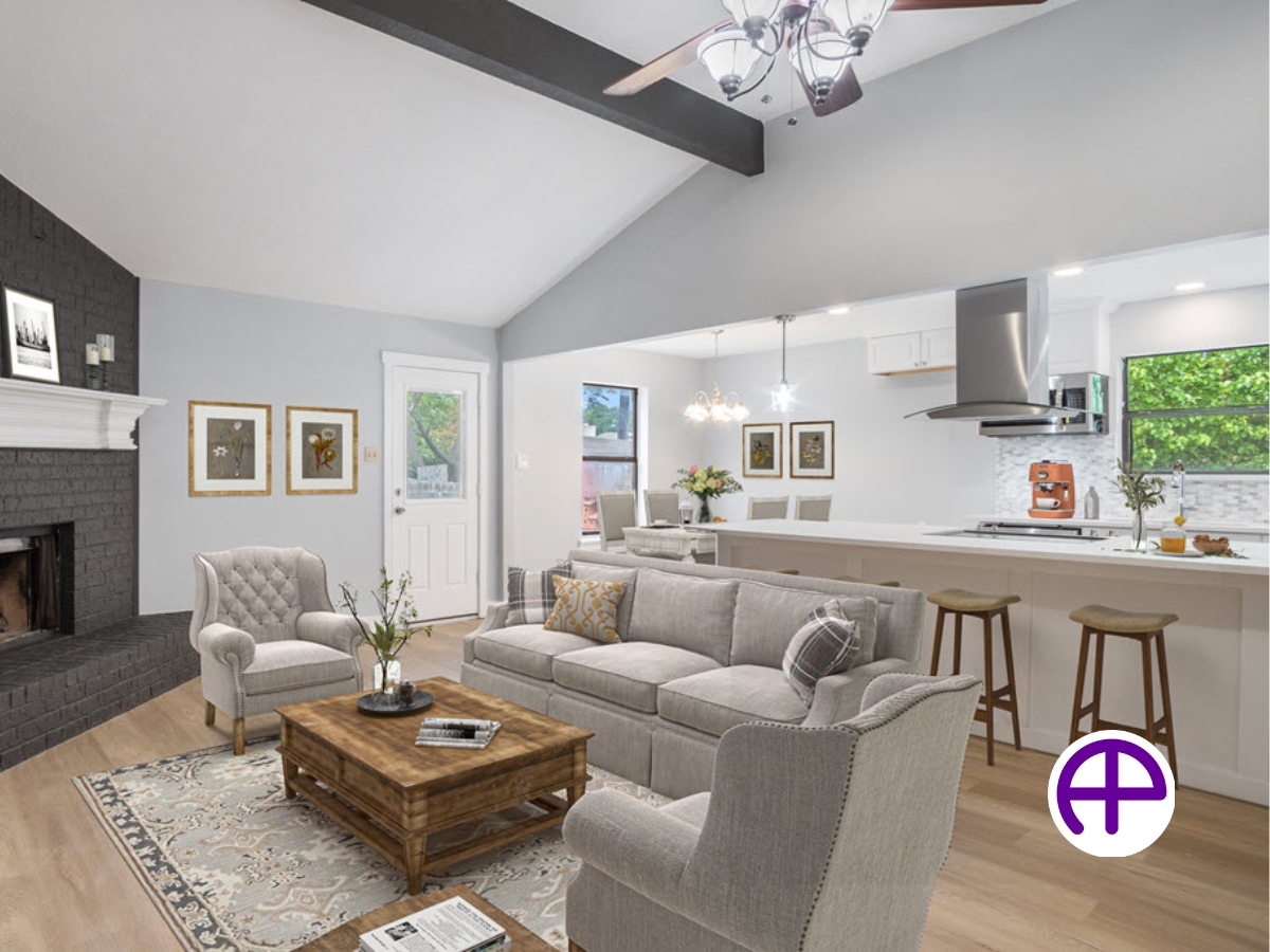 Virtually staged great room image enhanced by accuhdr™ and accustaging™ services