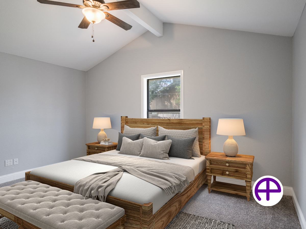 Virtually staged primary bedroom image enhanced by accuhdr™ and accustaging™ services