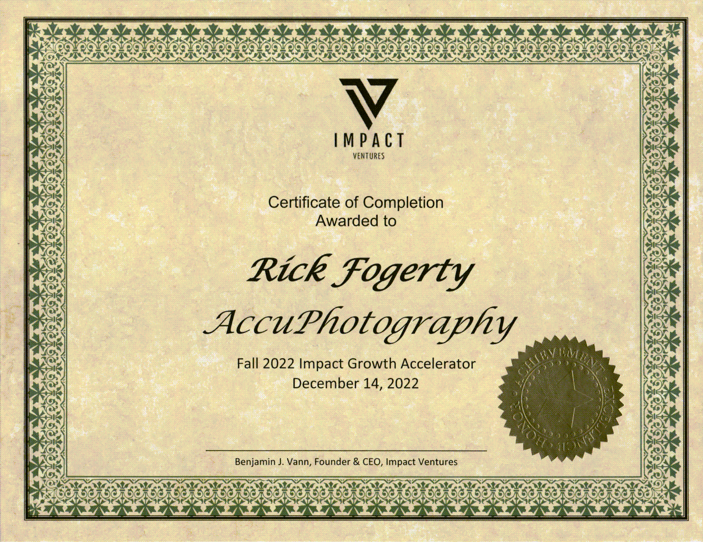 Impact ventures graduation certificate - fall 2022 - rick fogerty