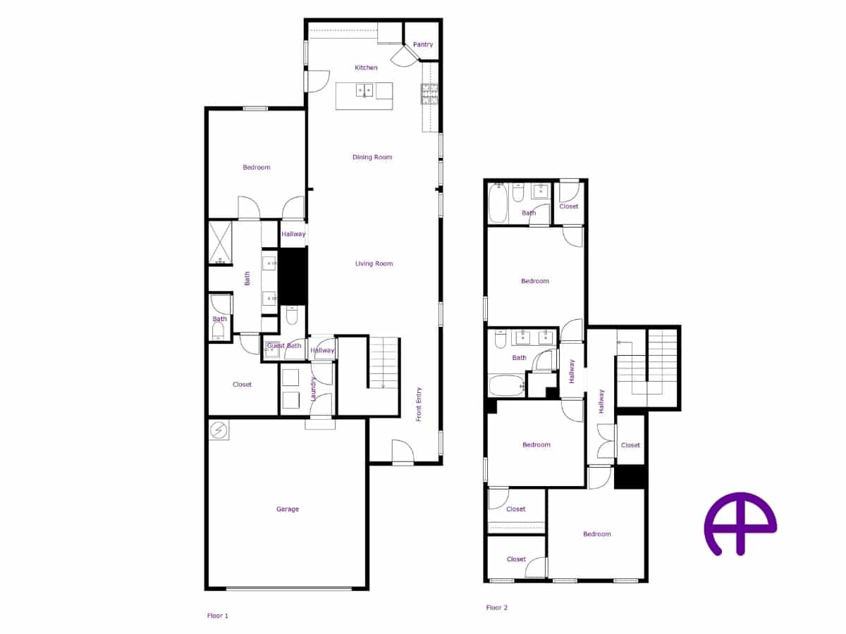 Floor plan illustration for a two-story home without dimensions