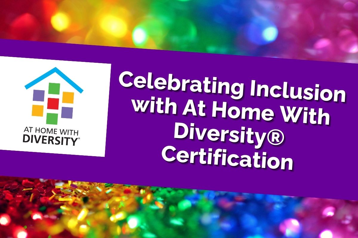 At Home With Diversity® logo and blog title on a purple banner with rainbow glitter