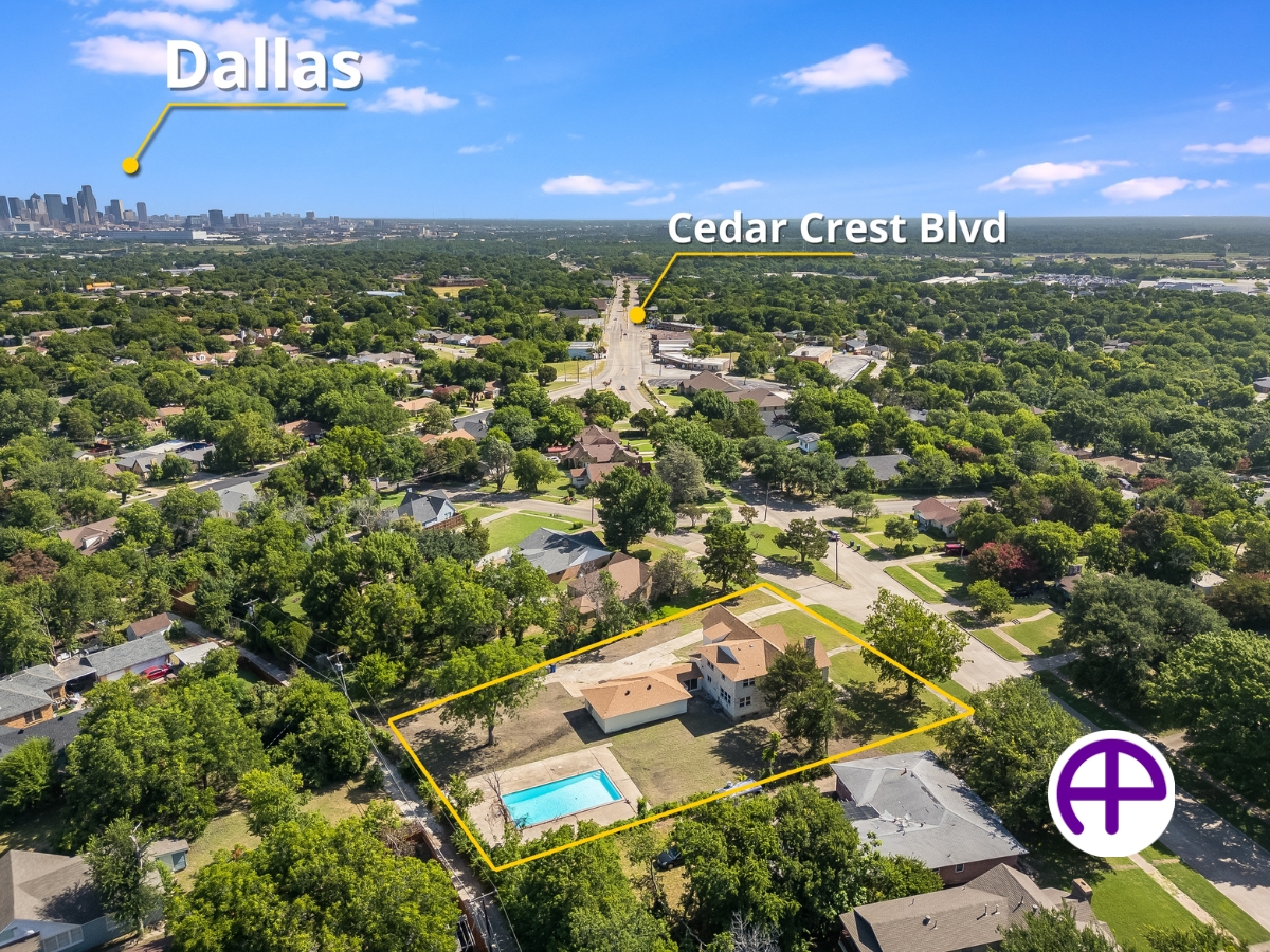 Aerial photo of home in dallas, texas with inground pool and highlighted property boundaries, featuring callouts to downtown dallas and cedar crest blvd