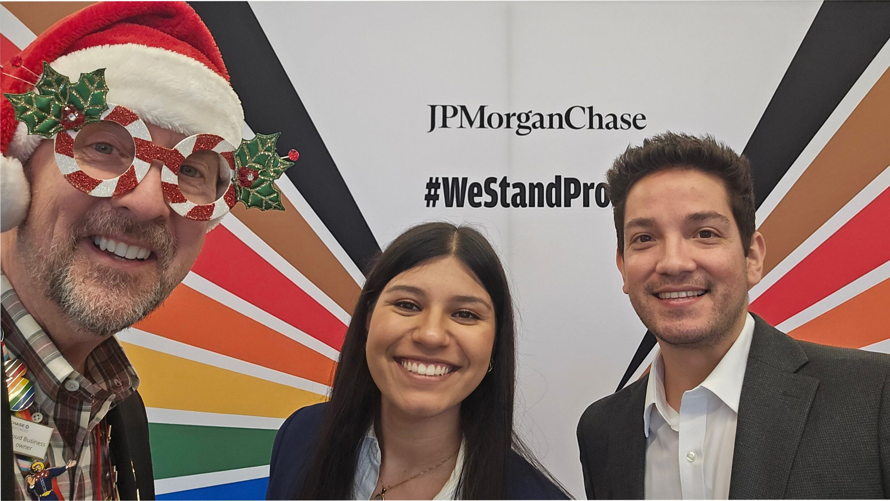 Rick A. Fogerty, Amanda Uribe, And Roger Belmontes At Chase Pride Showcase Rick a. Fogerty, amanda uribe, and roger belmontes in front of the jpmorgan chase #westandproud backdrop at the chase pride showcase in plano.