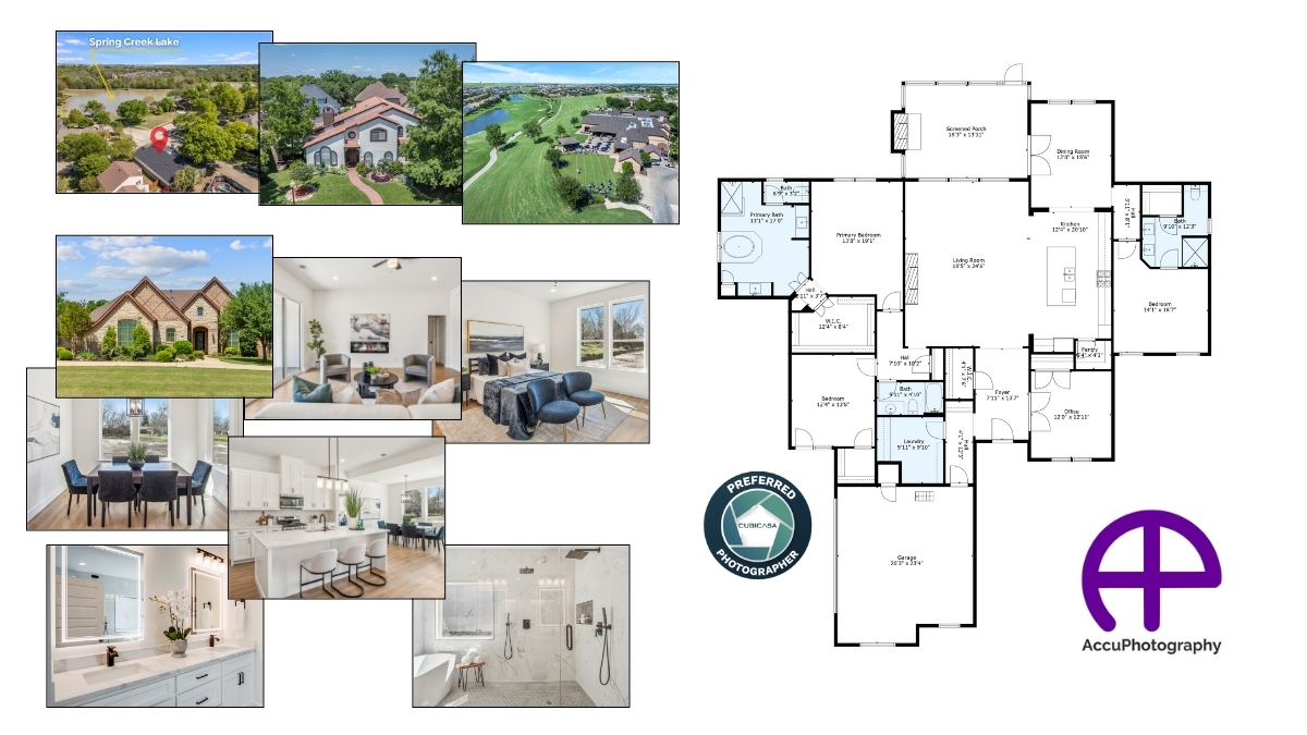 Accupluspackage - Comprehensive Real Estate Marketing Solution Accupluspackage offers 25 or 40 high-quality photos, six aerial shots, 2d floor plans, accuhomereport, accusnapshotreport, and cubicasa tour™ for enhanced dallas property marketing.