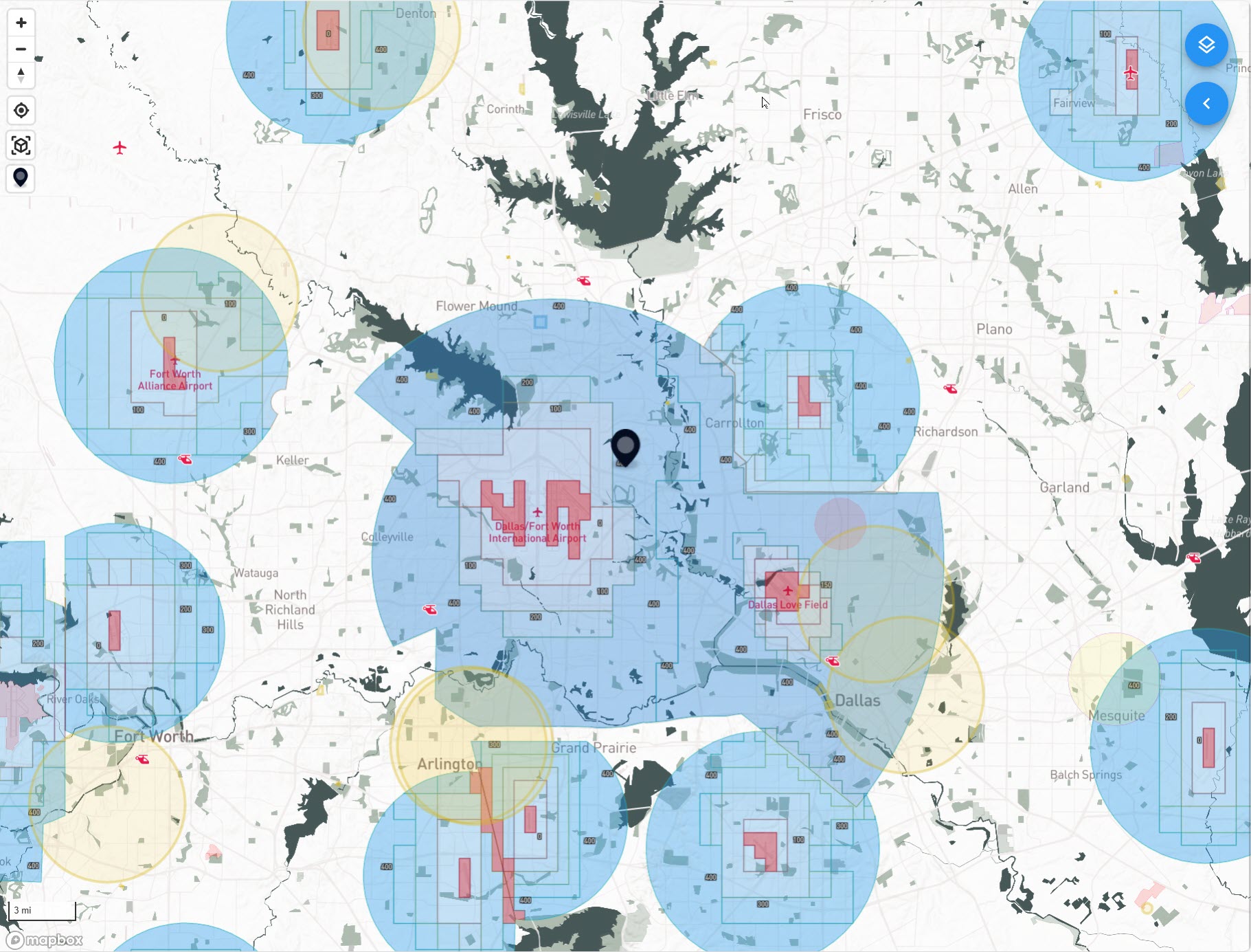 Map of dfw airspace and airports used for checking laanc approvals by accudroneservices.