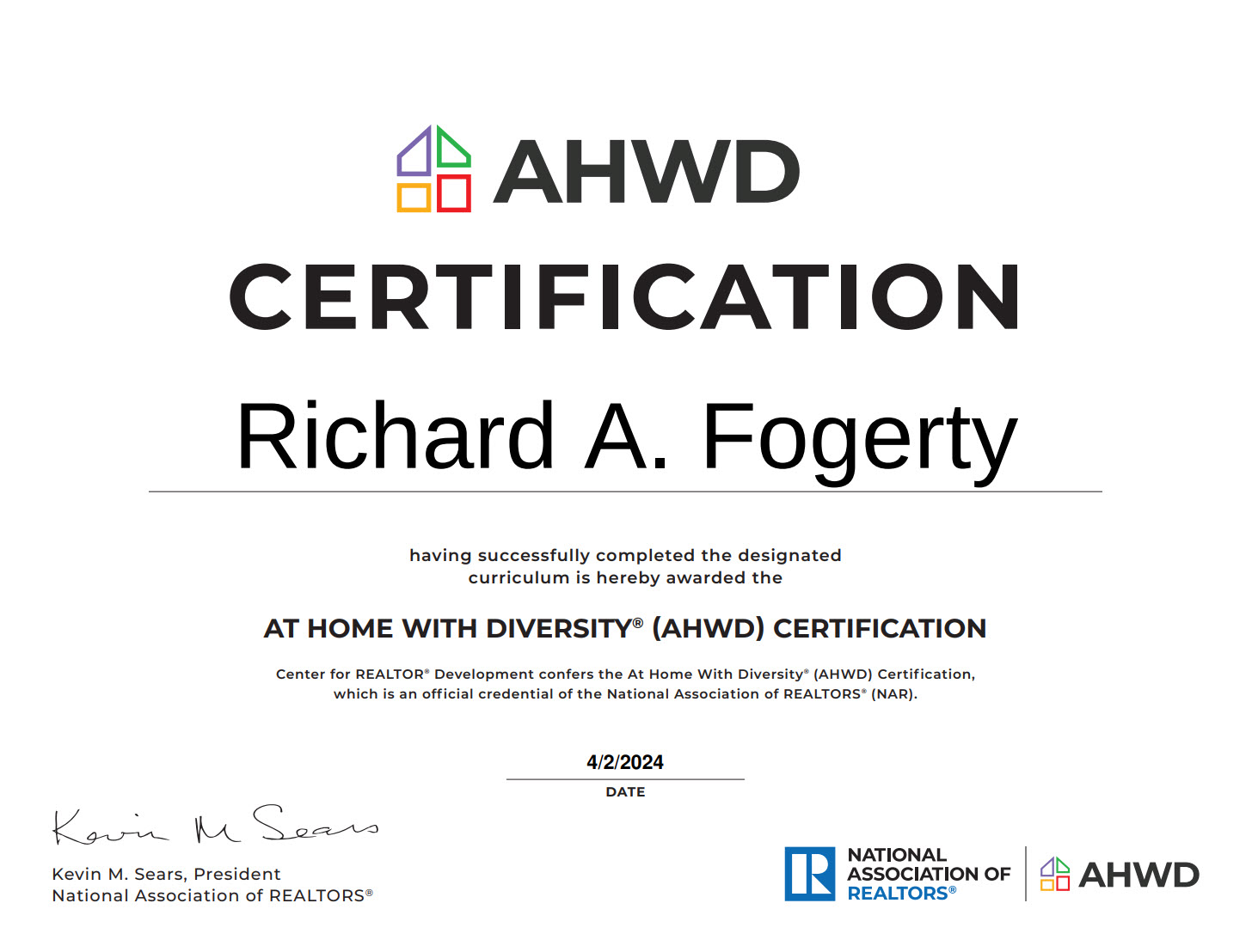 Ahwd certification certificate issued to richard a. Fogerty by the national association of realtors®.