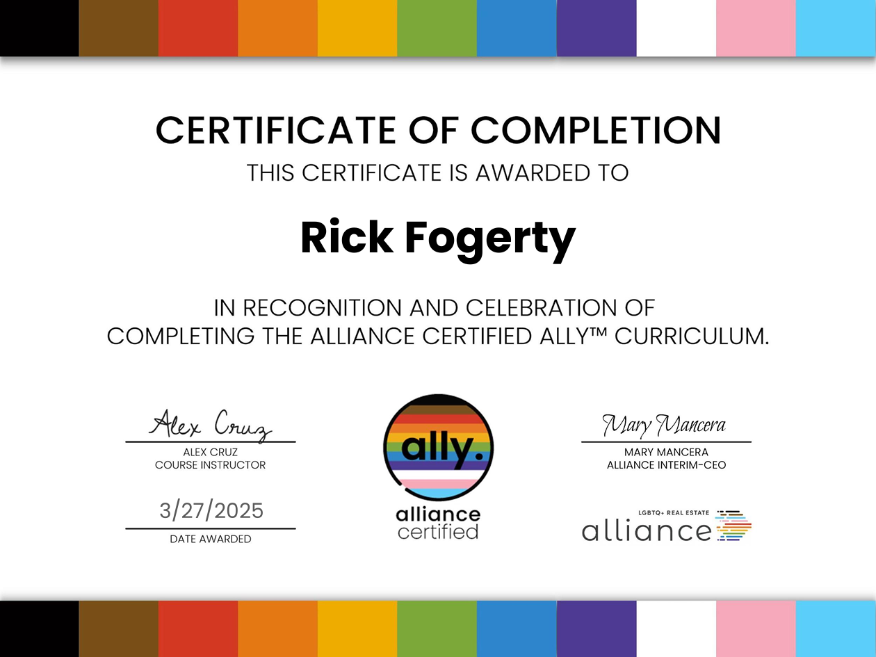 Rick fogerty's aca certificate featuring real estate photography services, highlighting expertise in lgbtq+ real estate issues and allyship.