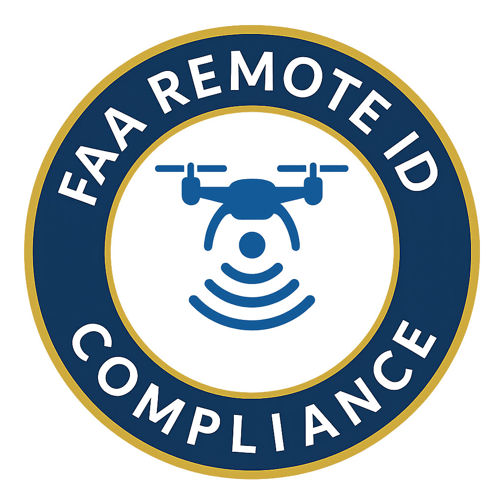 Faa remote id compliance logo highlighting accudroneservices, accudronephotography, accudronevideos, and accuaerialskyline in dallas.