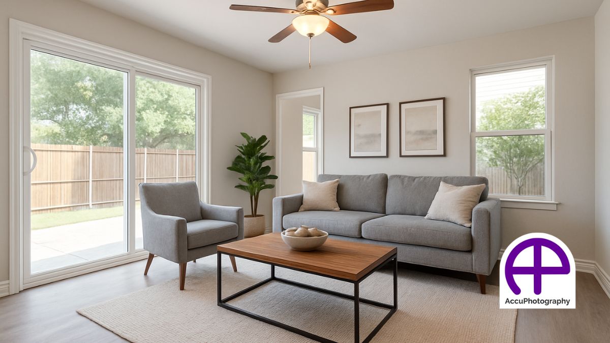 Virtually Staged Living Room In Neutral Tones Living room with virtual staging featuring a sofa, armchair, coffee table, area rug, and plant, using accuvirtualstagingservices.