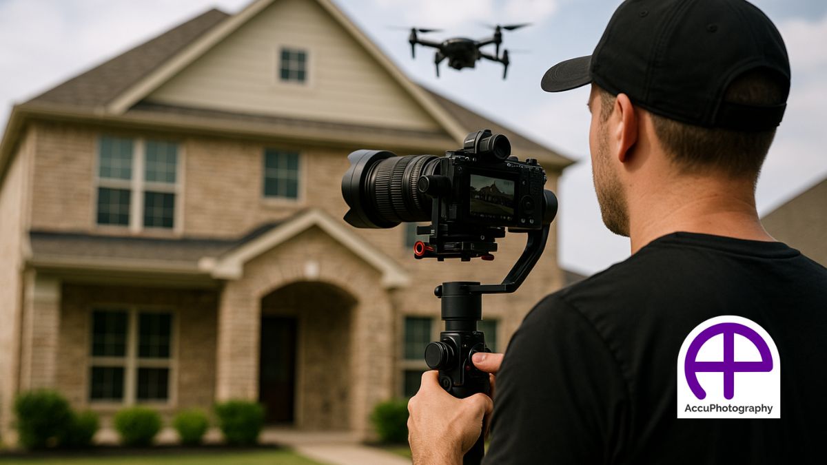 Two-story home with a man holding a gimbal camera and a drone flying overhead, showcasing accuvideoservices, accucinematicpropertyvideos, and accudronevideos.