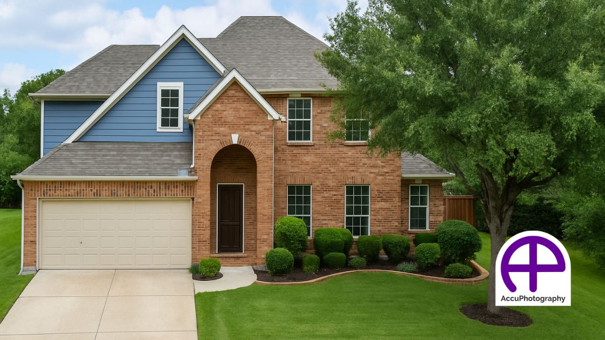 Two-story residential home exterior featuring accuphotoenhancementservices, accuskyreplacement℠, and accuenhancedlawns℠.