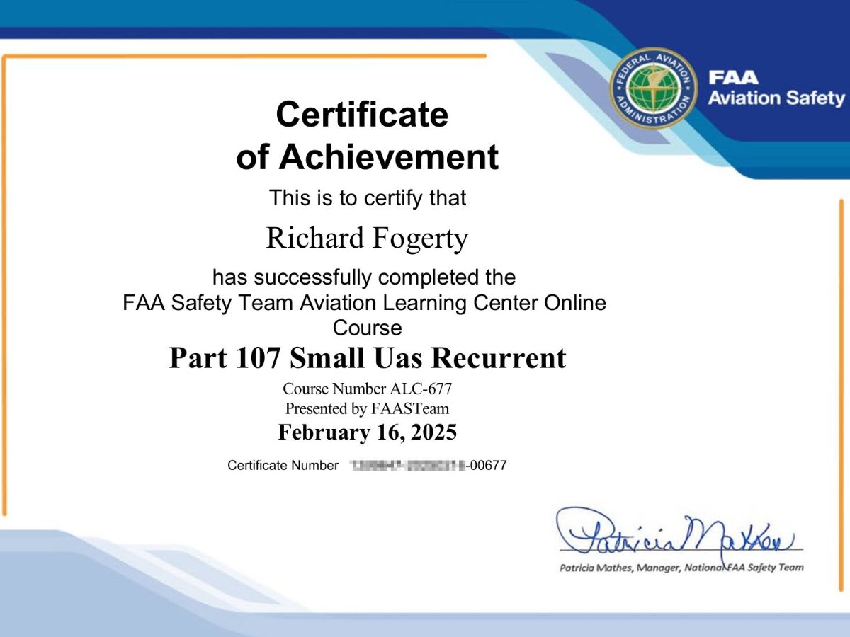 Faa certificate of achievement awarded to richard fogerty for completing part 107 small uas recurrent course, enhancing accudronephotography and accudronevideos services.