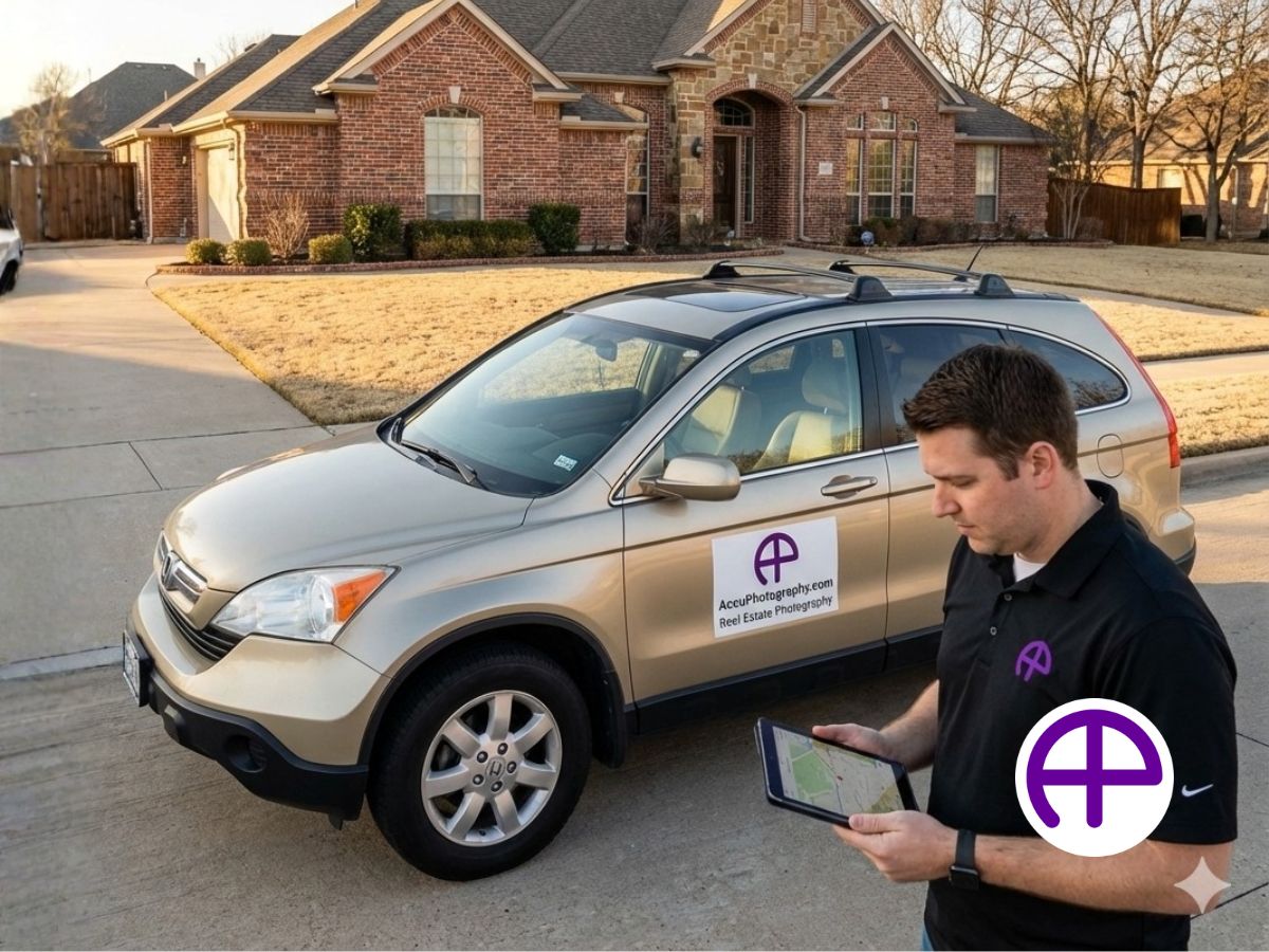 Real Estate Photographer Arrival A real estate photographer in an AccuPhotography shirt arrives at a home, showcasing AccuETA’s GPS tracking service.