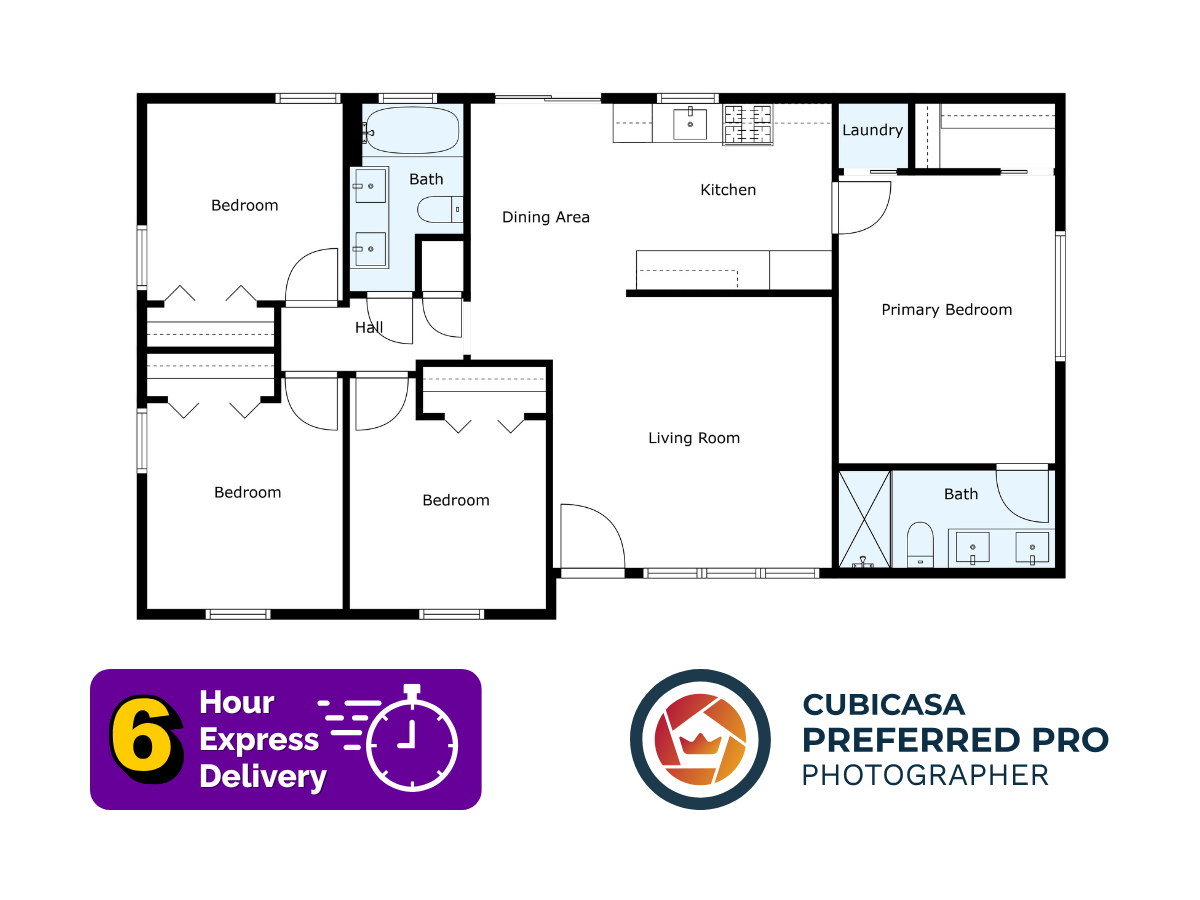 2D floor plan of a single-story home featuring 6-Hour Express Delivery and the CubiCasa Preferred PRO Photographer badge by AccuExpressFloorPlans in Dallas, Texas.
