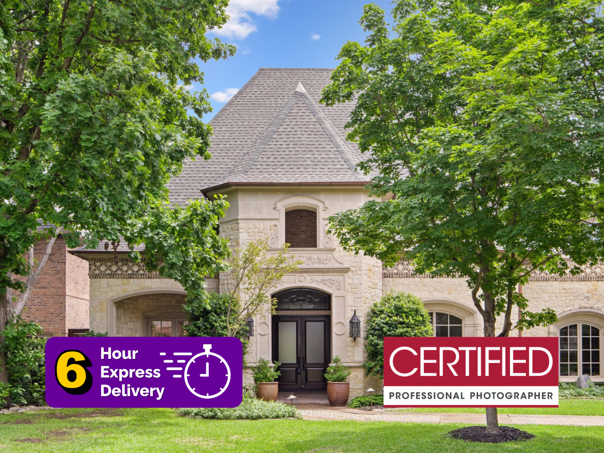Luxury Two-Story Home Photo with Express Delivery in Dallas, Texas Photo of a luxury two-story home with badges for 6-Hour Express Delivery and "Certified Professional Photographer" by AccuExpressPhotos in Dallas, Texas.