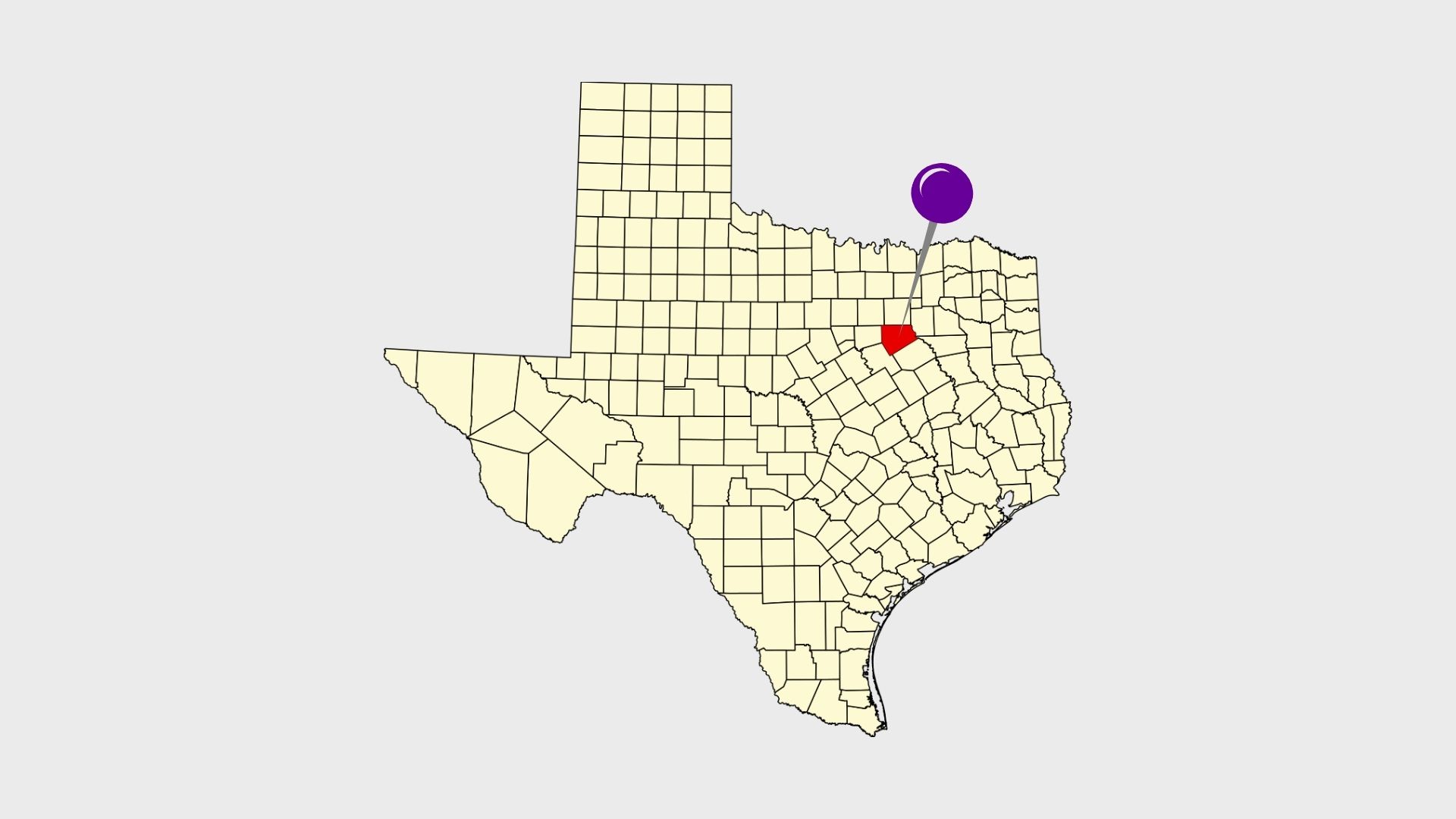 Map of Texas counties with Ellis County highlighted and a pin, signifying AccuPhotography's AccuLocations service for real estate in the Dallas-Fort Worth metroplex and Ellis County.