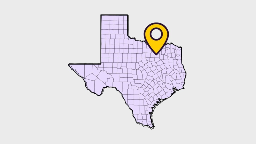 Map of texas showing county boundaries with a pin over dallas county, highlighting acculocations real estate photography services in dallas, texas.