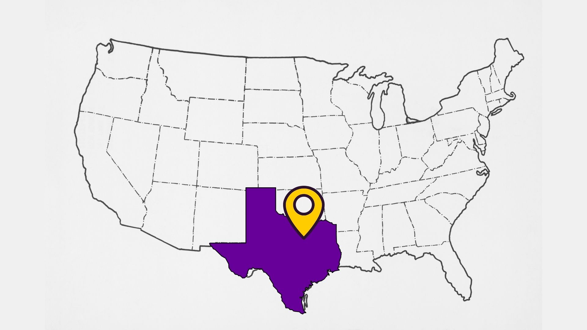 AccuLocations Service Area: Dallas-Fort Worth, Texas US Real Estate Photography service area map highlighting Texas with a pin over Dallas-Fort Worth, Texas, showcasing AccuLocations real estate photography service areas in DFW.