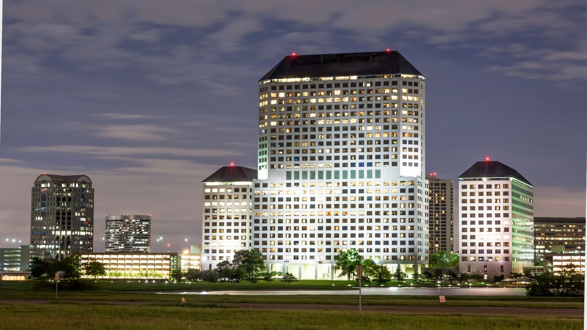 Photo of William Square at dusk in Irving, Texas, showcasing the vibrant DFW area where AccuPhotography's AccuLocations services are available.