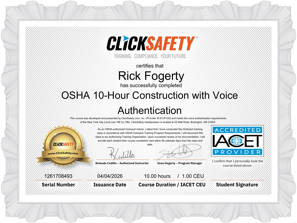 Rick fogerty's osha 10-hour construction safety and health certificate from clicksafety for accuconstructionupdates in dallas, texas.