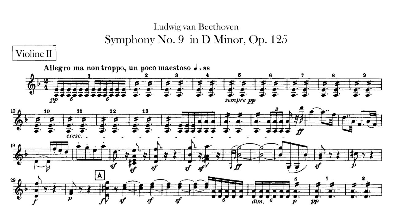 Musical score sheet showing the violin ii part of beethoven's symphony no. 9 in d minor.