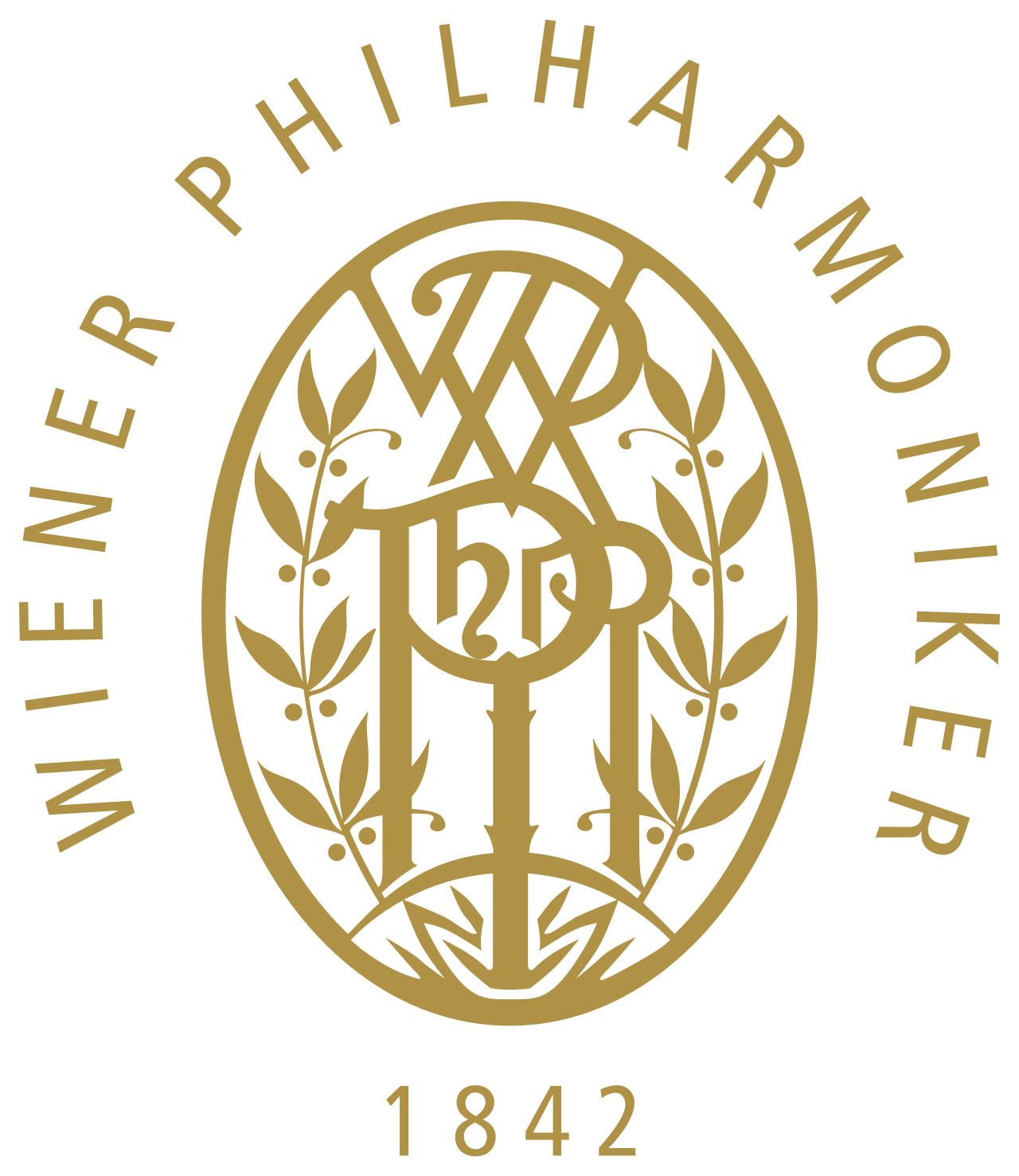 Gold circular logo for the vienna philharmonic featuring ornate monograms and leafy branches.