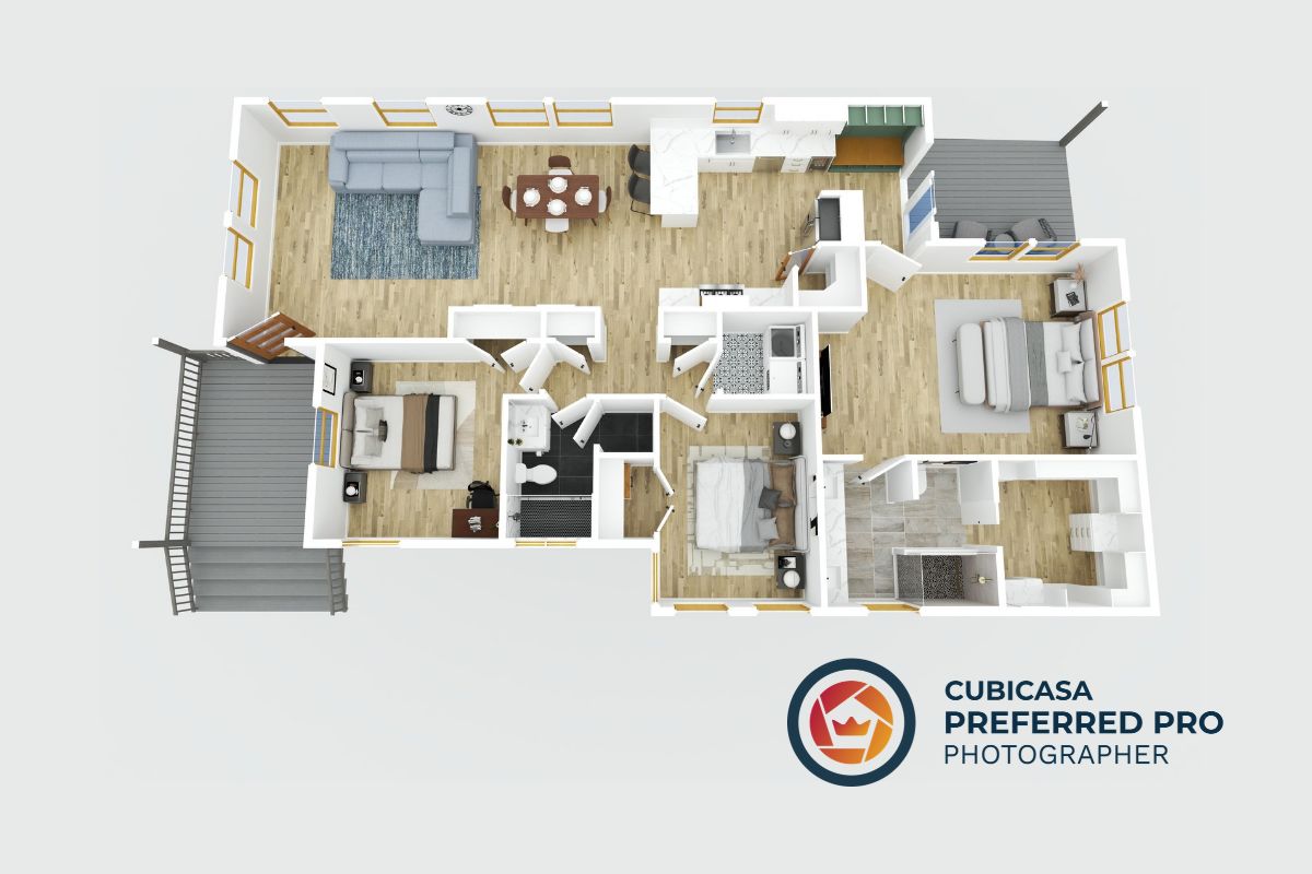 3D Floor Plan Layout For High-End Rental Property Marketing In Dallas, Texas 3d floor plan rendering with realistic furniture and layout generated by a cubicasa preferred pro photographer for a rental property listing.