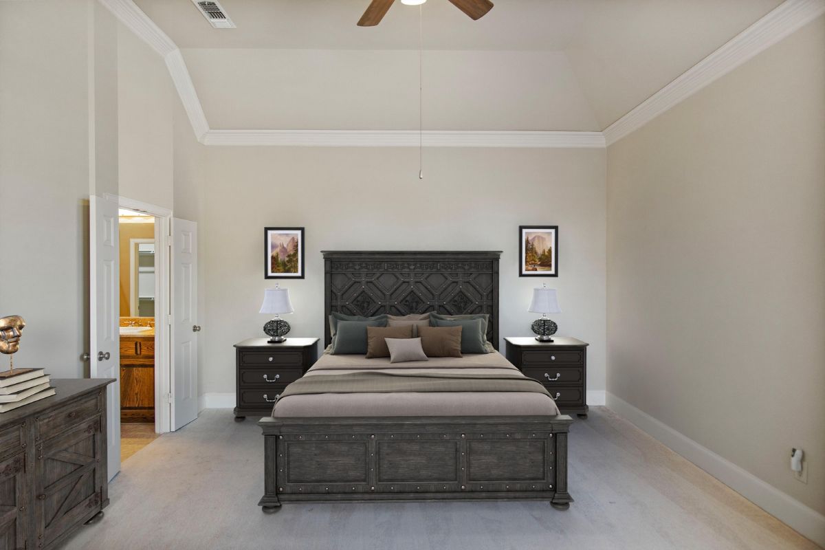 Virtual Staging For Primary Bedroom Rental Property Marketing In Dallas, Texas Digitally staged primary bedroom featuring modern dark wood furniture, vaulted ceilings, and tasteful decor for a rental property listing.